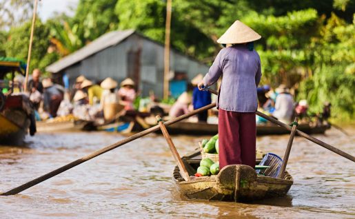 Vendeuse sur barque dans le delta du Mékong, Vietnam
